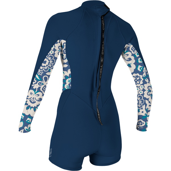 2024 O'Neill Women Bahia 2/1mm Lange Mouwen Rug Ritssluiting Shorty Wetsuit 5291 - French Navy / Crisflor