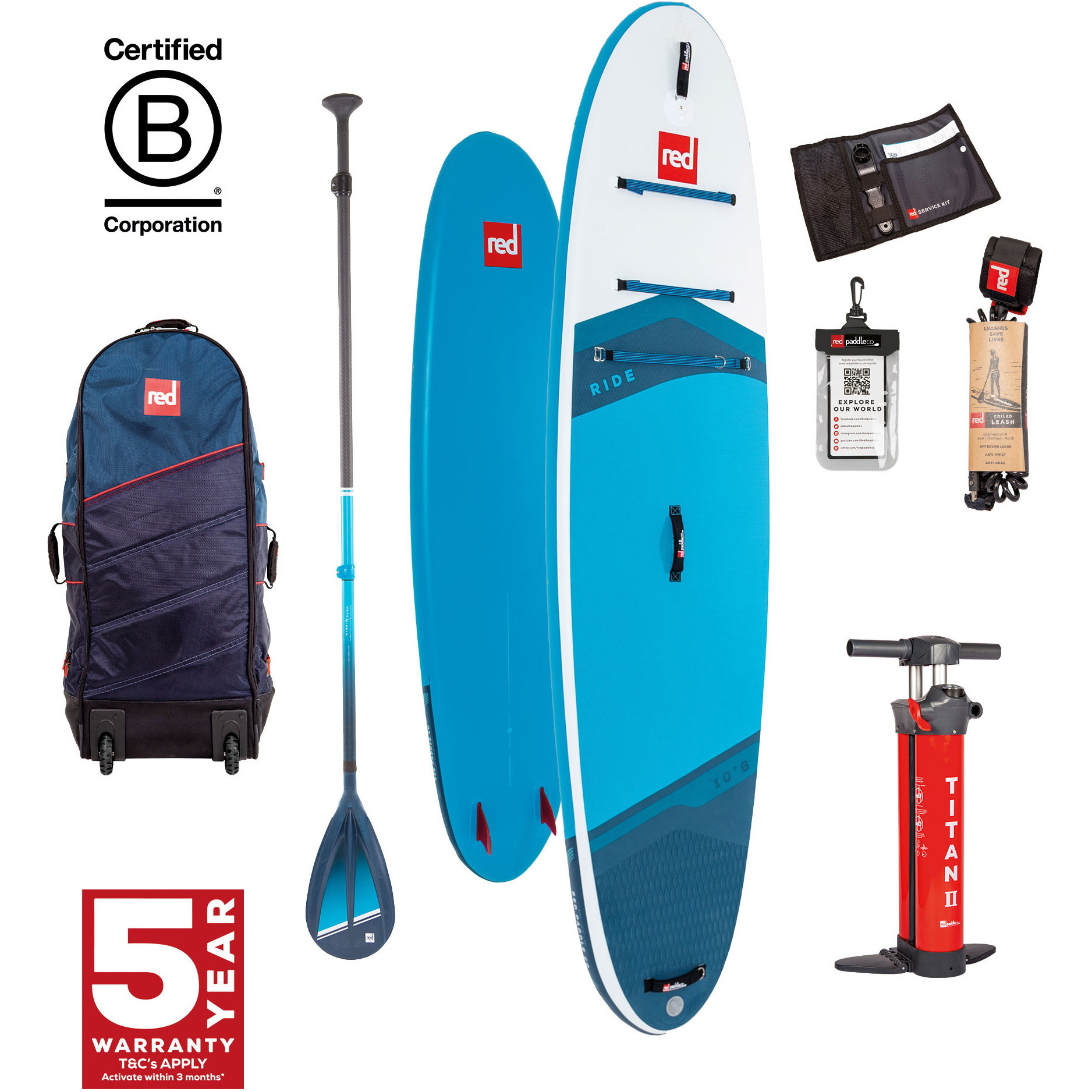 2024 Red Paddle Co 10'2'' Ride MSL Stand Up Paddle Board , Tas, Pomp & Hybrid Stoere Peddel 001-001-001-0109 -.. Blue