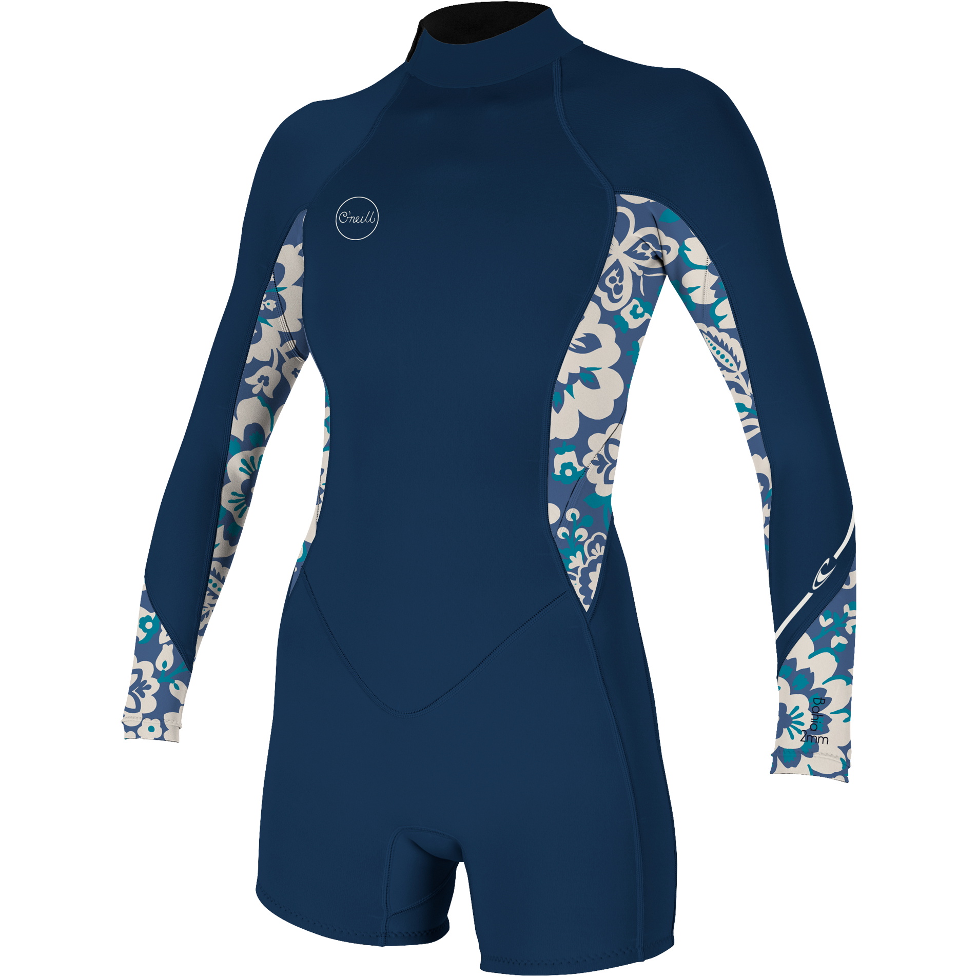 2024 O'Neill Women Bahia 2/1mm Lange Mouwen Rug Ritssluiting Shorty Wetsuit 5291 - French Navy / Crisflor