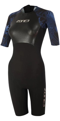 2025 Zone3 Dames Tropical Palm Rug Ritssluiting Shorty Swimskin SS21WWTC101 - Black / Blue