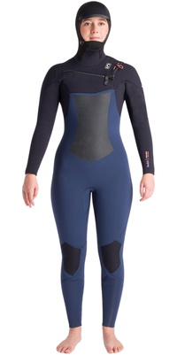 2025 C-Skins Dames NuWave ReWired 6/5mm Borst Ritssluiting Met Capuchon Wetsuit C-NRW65WH - Bluestone / Black X / Coral