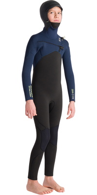 2025 C-Skins Junior Nuwave Session 5/4mm Met Capuchon Borst Ritssluiting Wetsuit C-NSE54JH - Black / Bluestone X / Cool Green