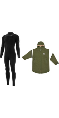 2026 Nyord Heren Solu Yulex 5/4mm Borst Ritssluiting Wetsuit & Change Robe Bundle SOLM540001NCR - Black / Green