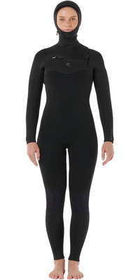 2026 Rip Curl Dames Dawn Patrol 5/4mm Met Capuchon Borst Ritssluiting Wetsuit 15YWFS - Black