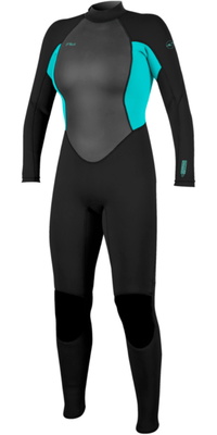 2026 ONeill Dames Reactor-2 3/2mm Rug Ritssluiting Wetsuit 5042B - Black / Lt Aqua