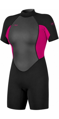 2026 ONeill Dames Reactor-2 2mm Rug Ritssluiting Shorty Wetsuit 5043B - Black / Punk Pink