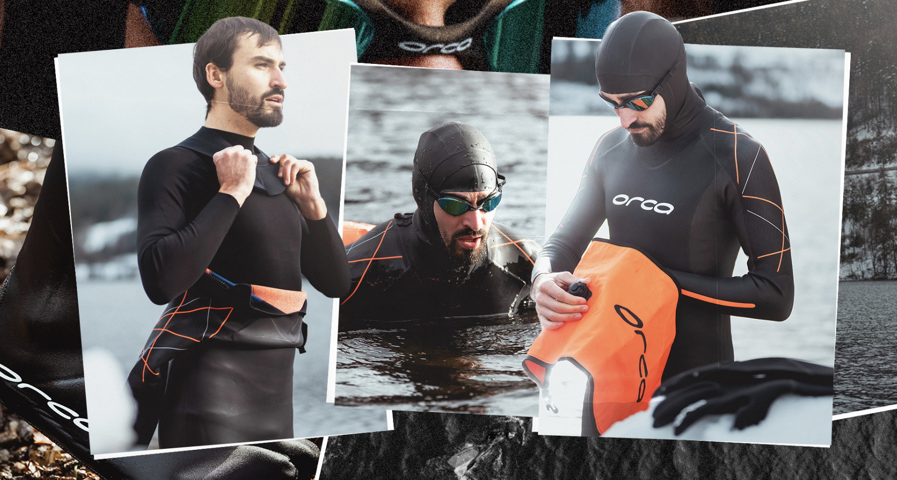 Collage of three photos showing a man pulling on a wetsuit, swimming in cold water and holding an orange tow float