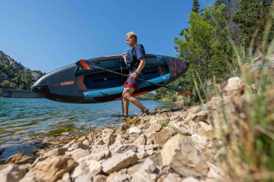 Inflatable kayak being paddled on flat water