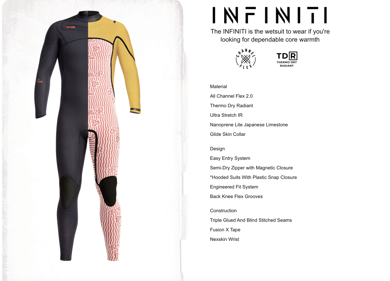 Infiniti wetsuit spec page showing a black and gold fullsuit with a red patterned lining panel