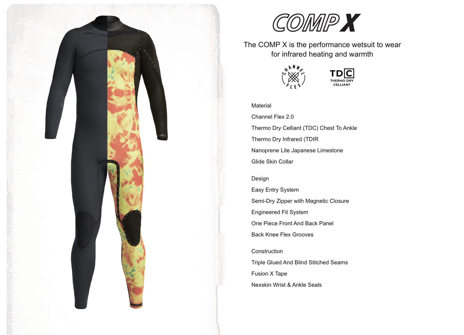 Comp X wetsuit spec page, black fullsuit with a camo-print thermal lining panel and feature list