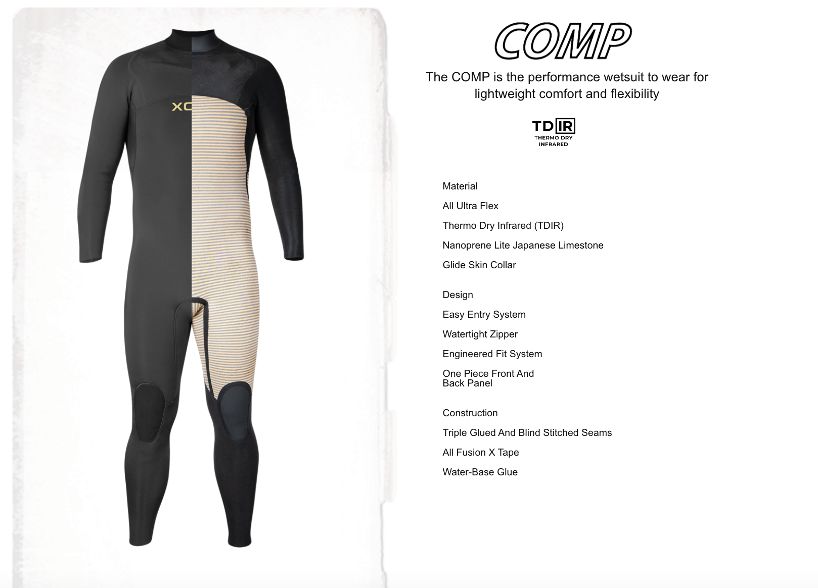 Comp wetsuit spec page, front and back of a black fullsuit with a ribbed cream lining panel