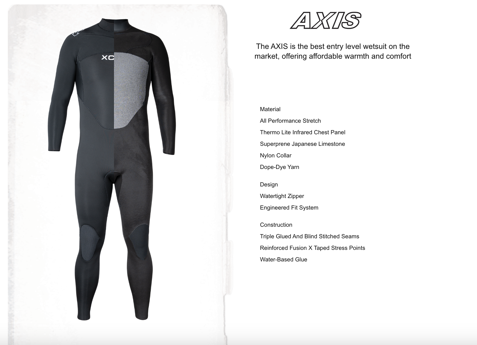 Axis wetsuit spec page, plain black fullsuit with a grey chest panel, listed as the entry level model