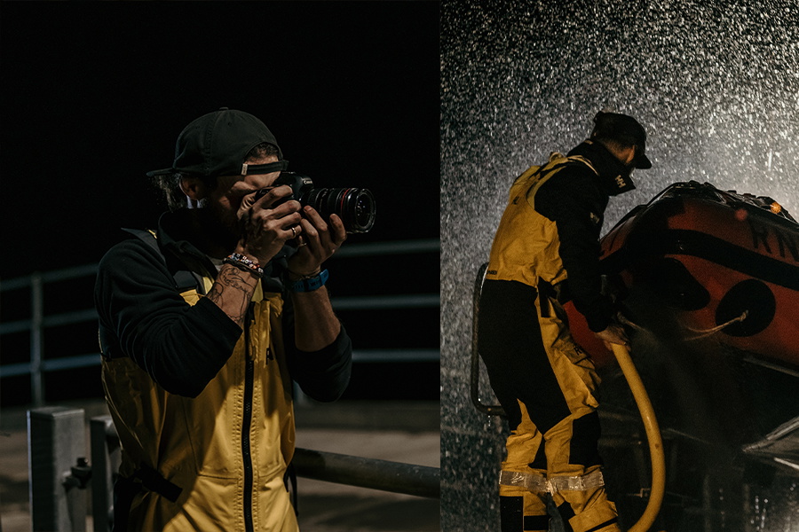 Two dark shots of a photographer in yellow offshore sailing kit shooting on deck in spray